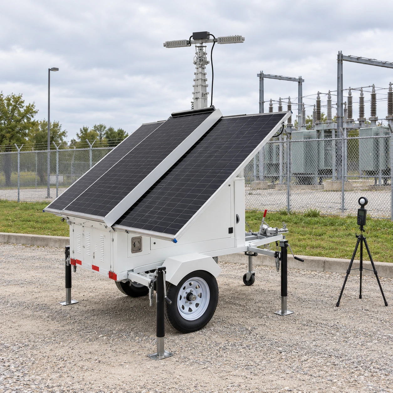 Daylight placement and visual inspection of the mobile tower for substation maintenance lighting.