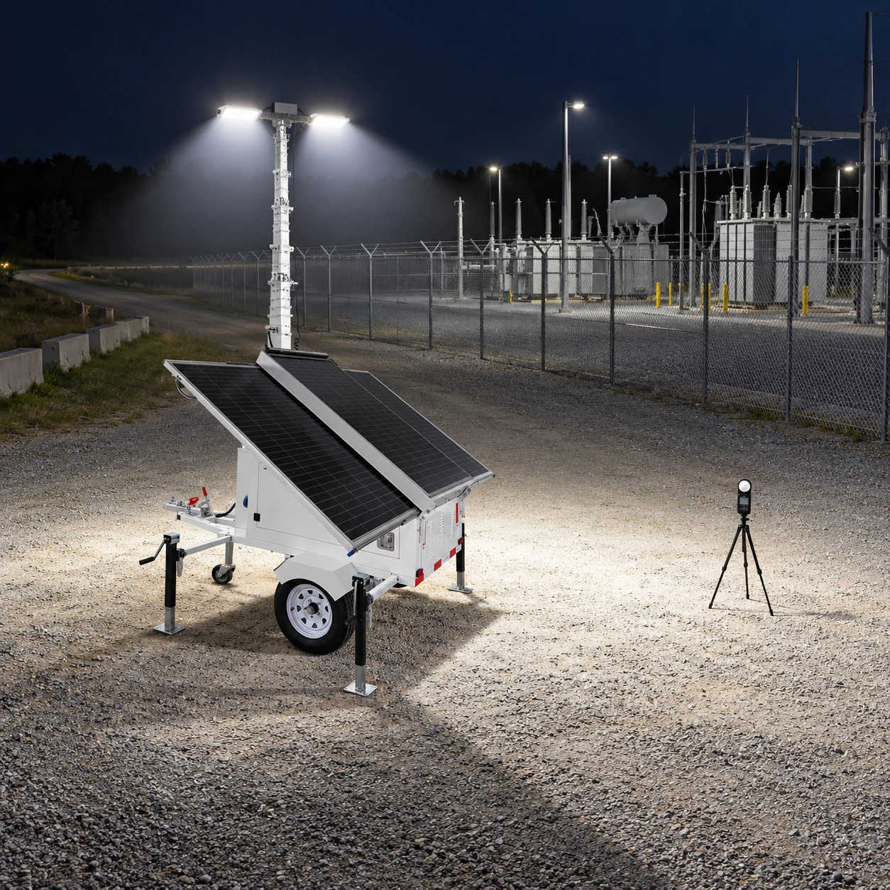 Nighttime setup and illuminated-ground verification for substation maintenance lighting.