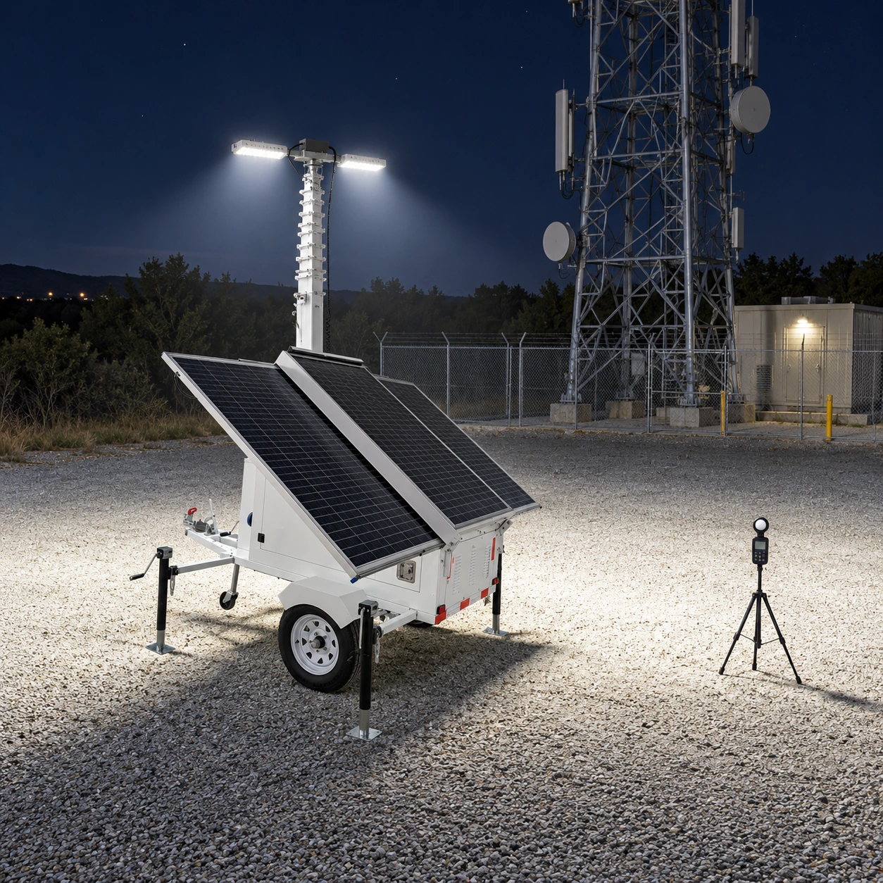 Nighttime setup and illuminated-ground verification for telecom tower maintenance lighting.