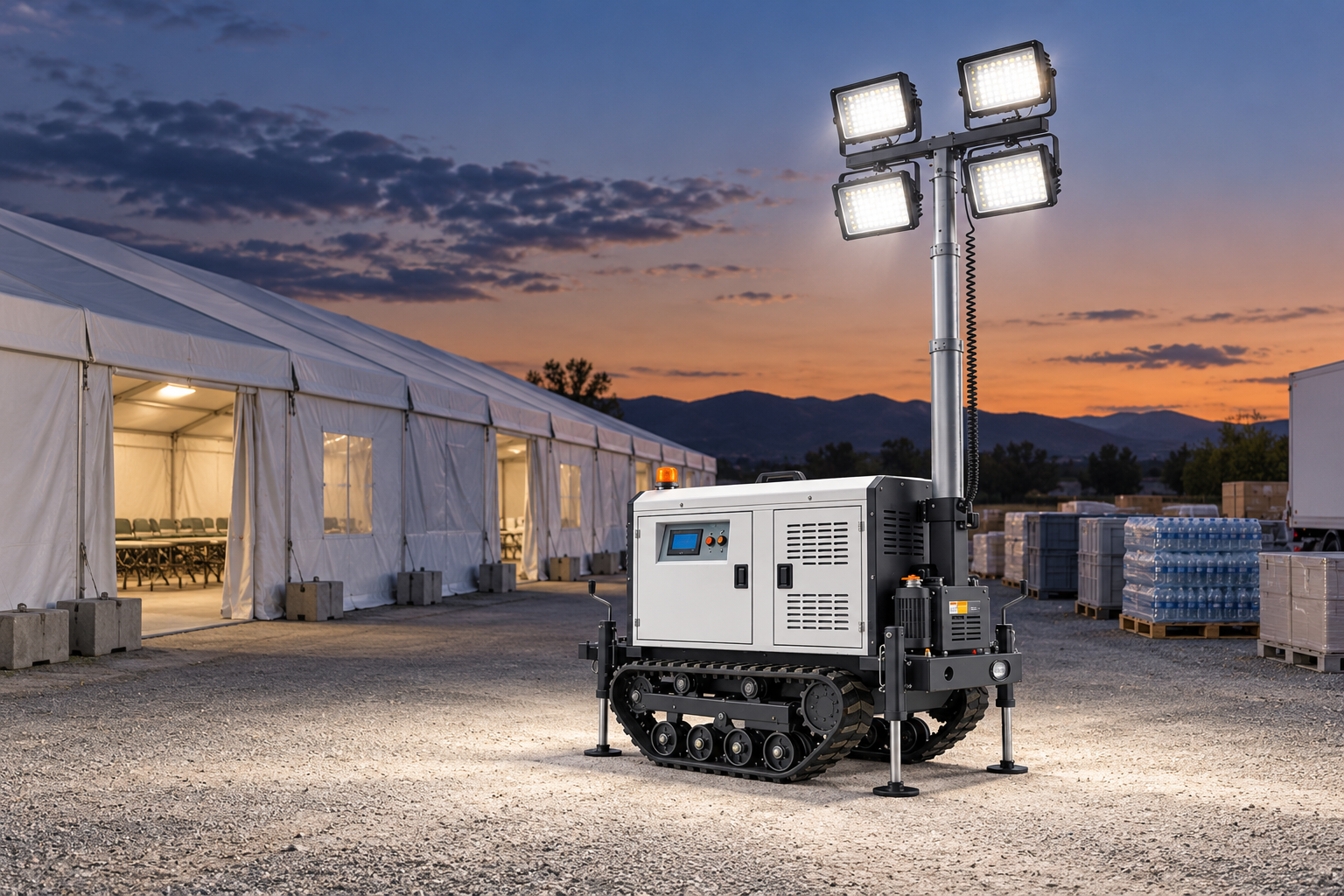White tracked mobile light tower with four rectangular LED heads in an outdoor access and supply-service area beside a temporary evacuation shelter at dusk.