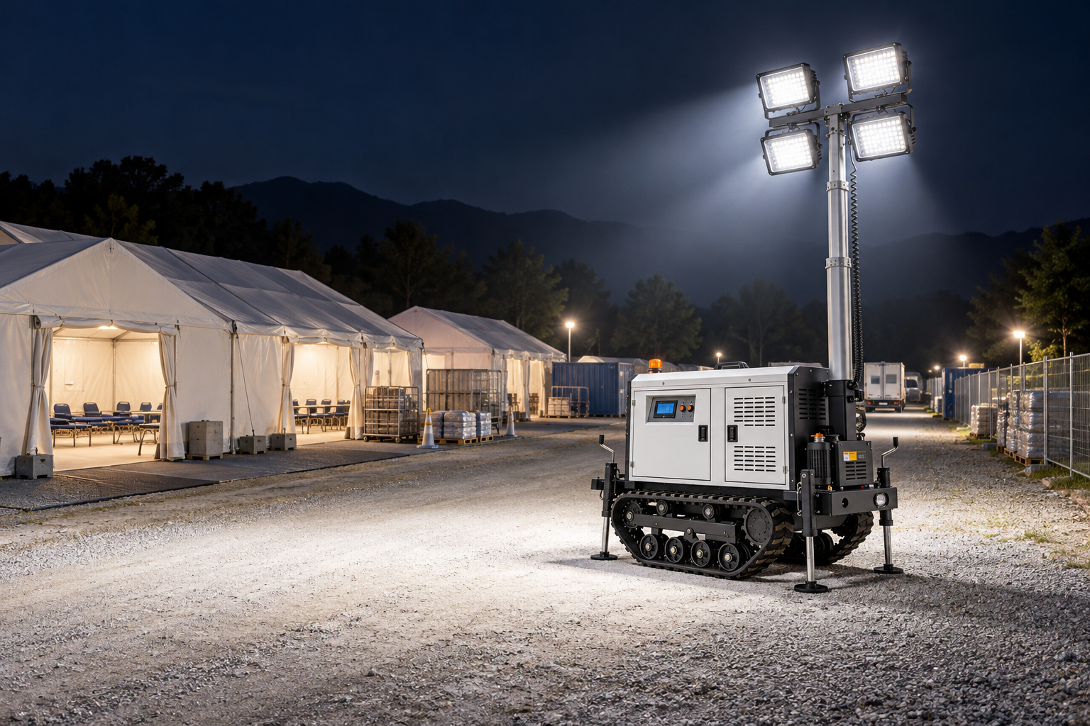 White tracked mobile light tower with four rectangular LED heads in an outdoor access and supply-service area beside a temporary evacuation shelter at night.