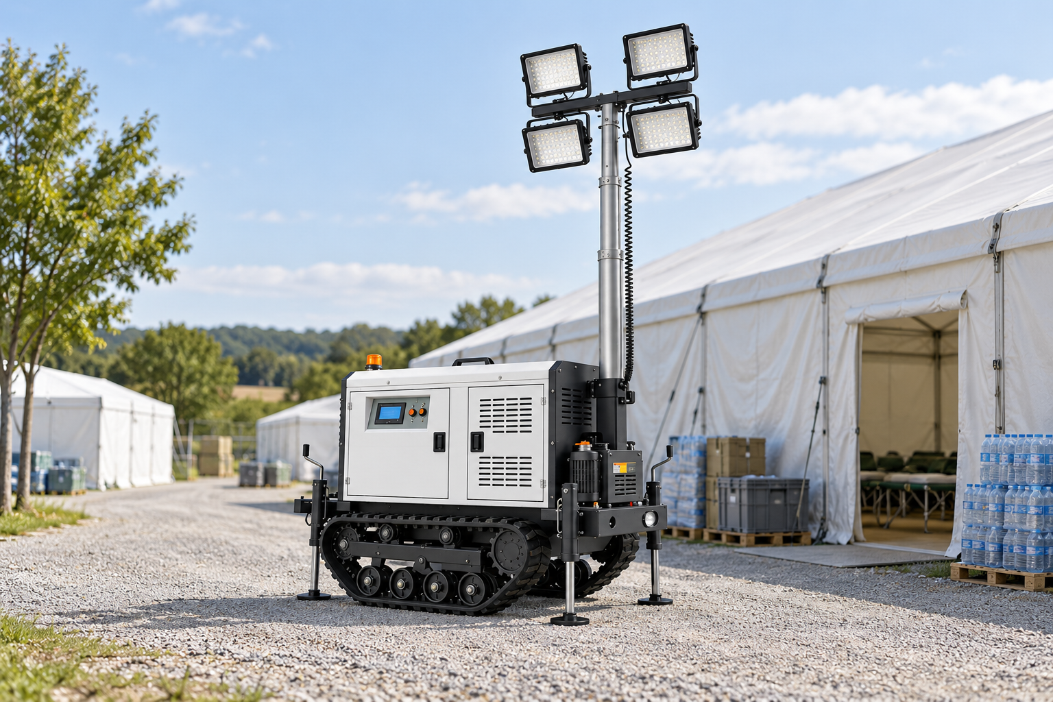 White tracked mobile light tower with four rectangular LED heads in an outdoor access and supply-service area beside a temporary evacuation shelter in daylight.