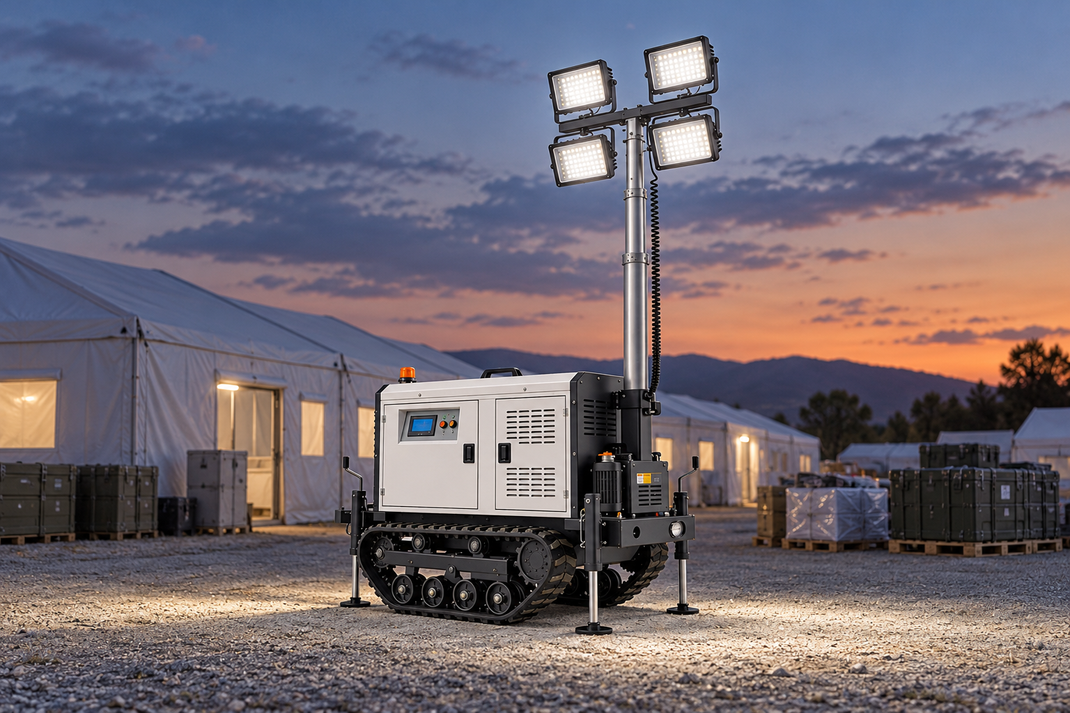 White tracked mobile light tower with four rectangular LED heads in the outdoor supply and service compound beside a temporary field clinic at dusk.
