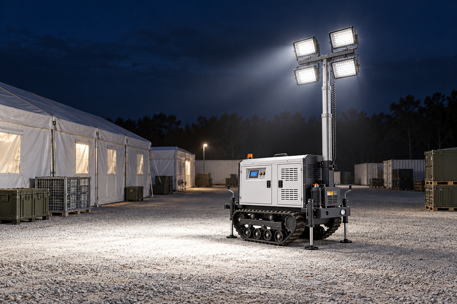 White tracked mobile light tower with four rectangular LED heads in the outdoor supply and service compound beside a temporary field clinic at night.