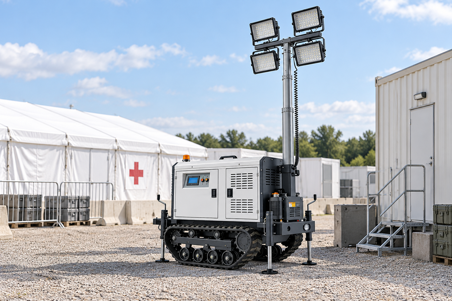White tracked mobile light tower with four rectangular LED heads in the outdoor supply and service compound beside a temporary field clinic in daylight.