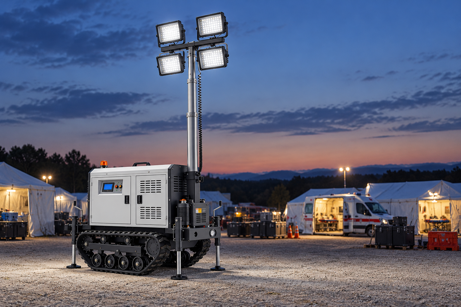 White tracked mobile tower with four rectangular LED heads in a medical equipment staging area for helicopter ground support at blue hour.