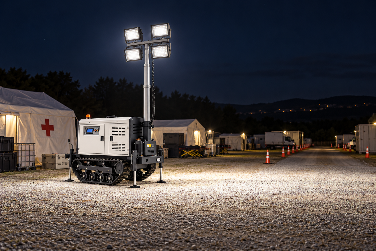 White tracked mobile tower with four rectangular LED heads in a medical equipment staging area for helicopter ground support at night.