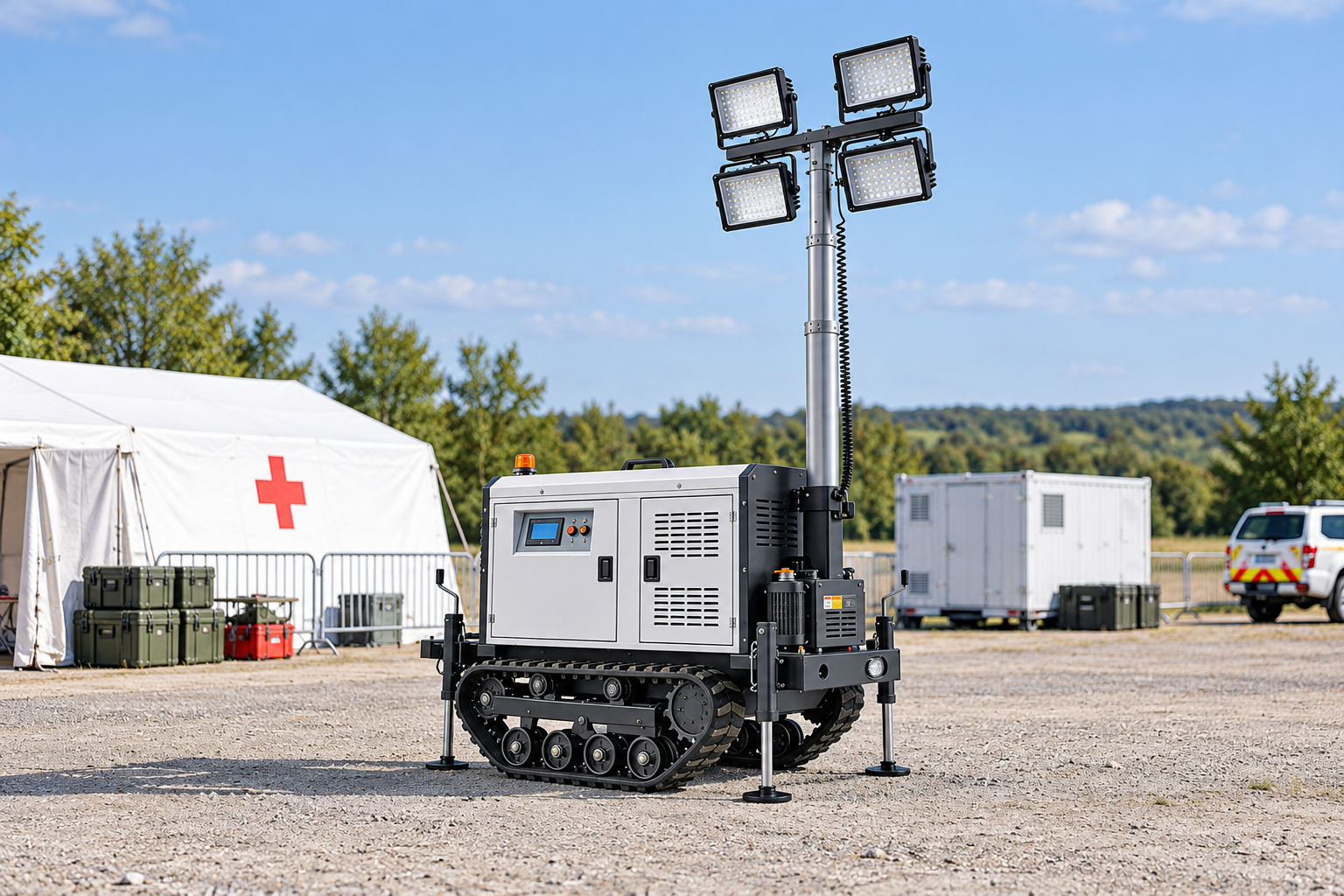 White tracked mobile tower with four rectangular LED heads in a medical equipment staging area for helicopter ground support in daylight.