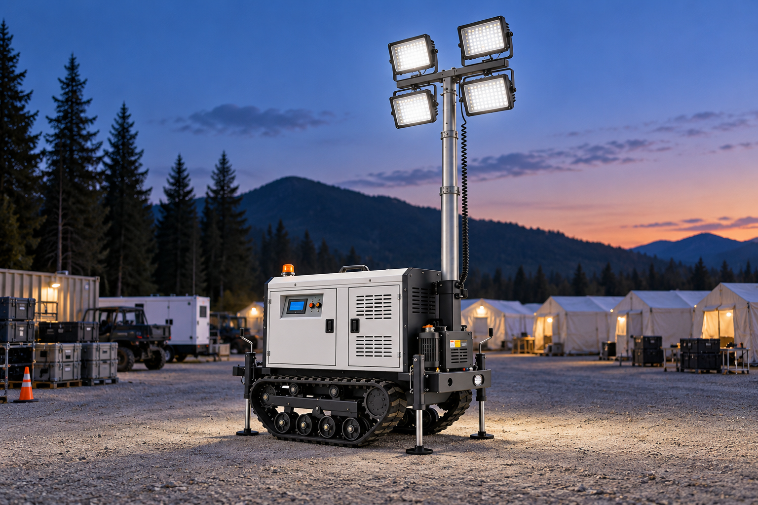 White tracked mobile tower with four rectangular LED heads in a wildfire logistics camp equipment yard at blue hour.