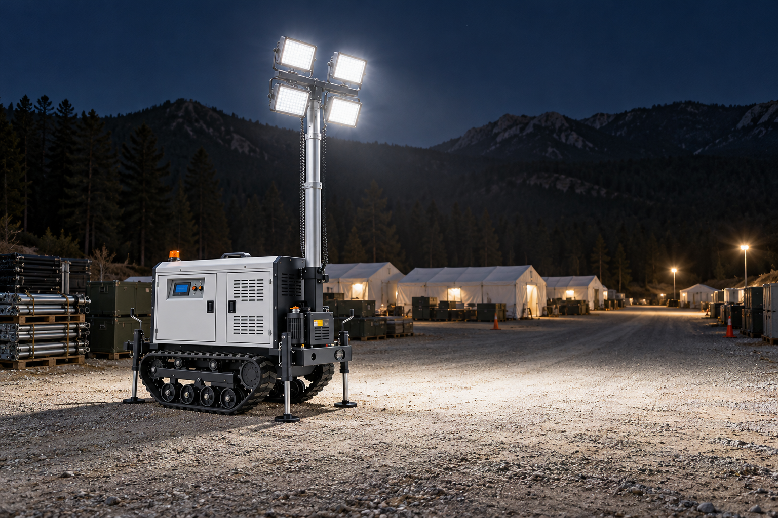 White tracked mobile tower with four rectangular LED heads in a wildfire logistics camp equipment yard at night.