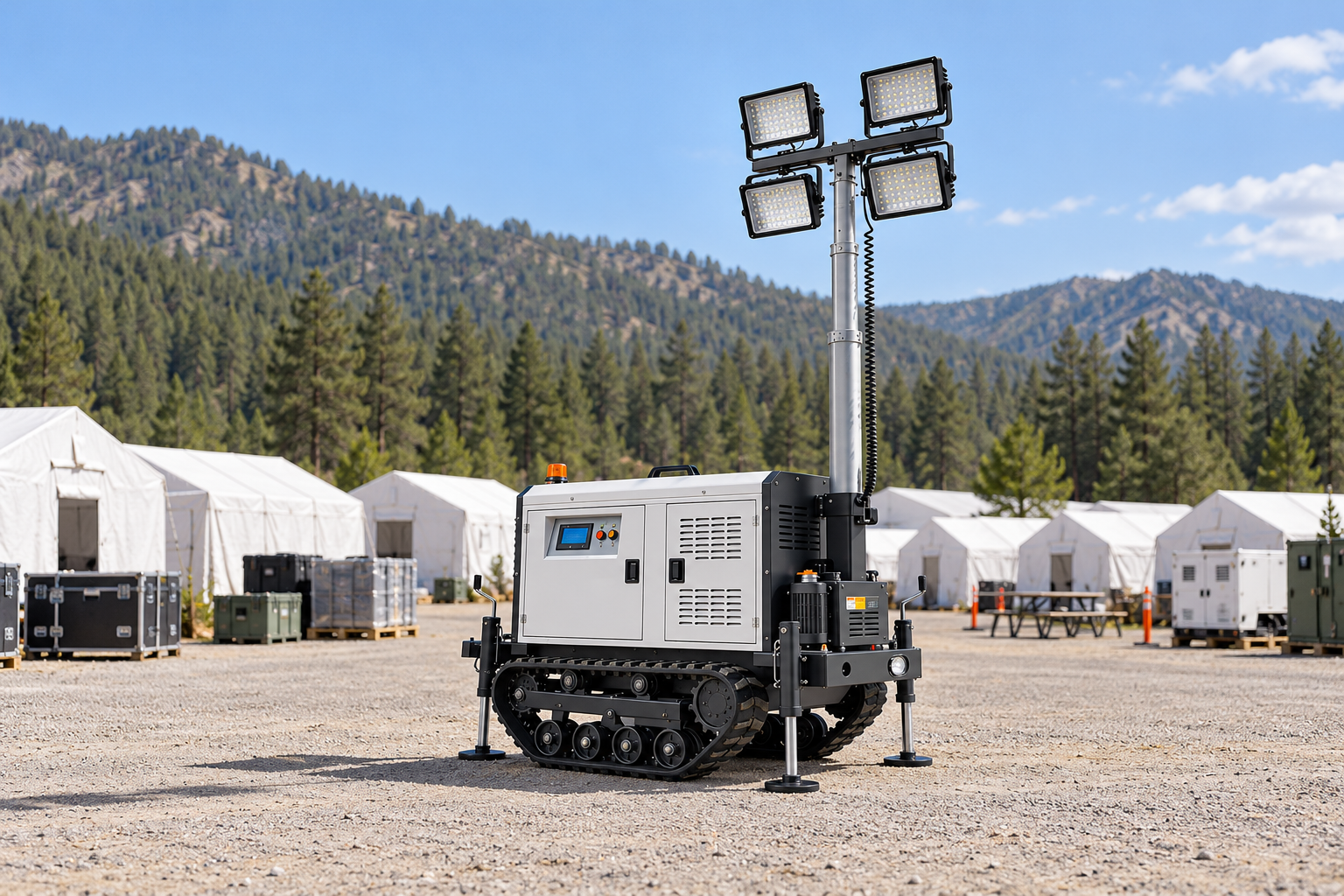 White tracked mobile tower with four rectangular LED heads in a wildfire logistics camp equipment yard in daylight.
