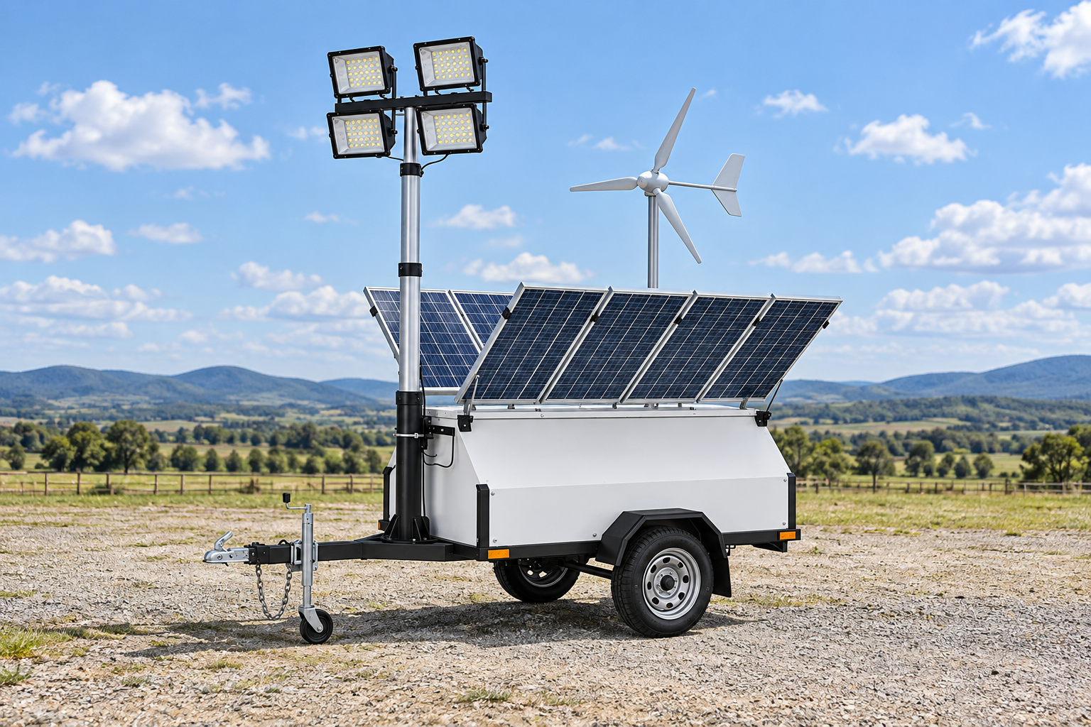 White single-axle wind-solar lighting trailer with four square LED heads, sloped panels, and a separate three-bladed turbine parked in an open rural assessment yard in daylight.