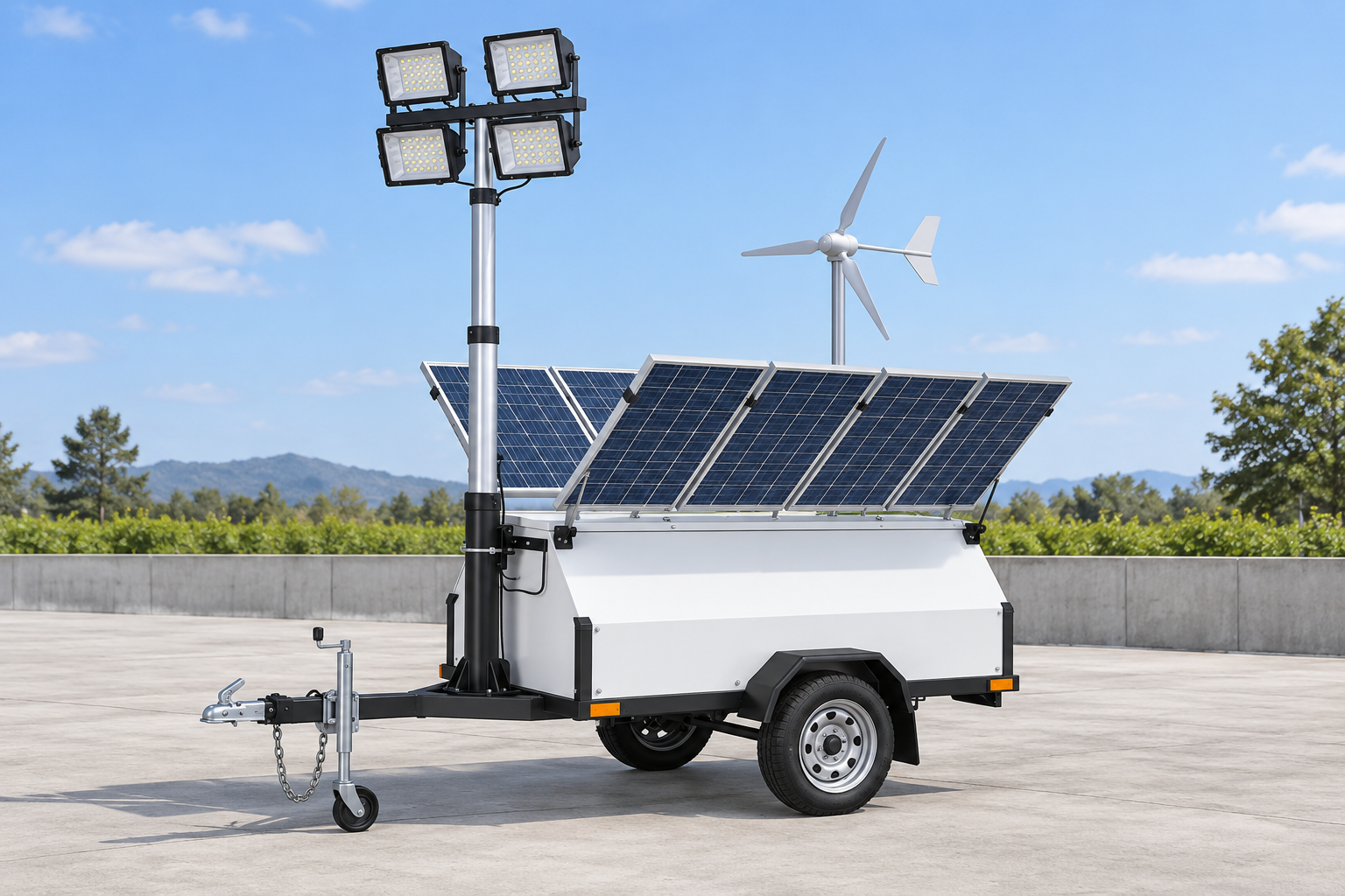 White single-axle wind-solar lighting trailer with four square LED heads, sloped panels, and a separate three-bladed turbine parked in a level equipment review bay in daylight.
