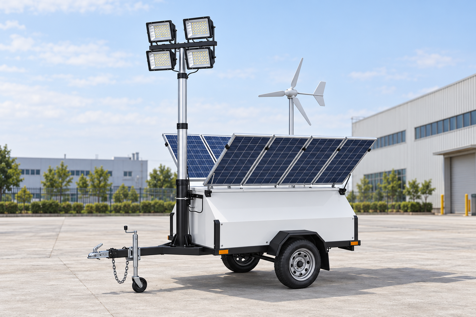 Reference-based white wheeled single-axle enclosure, sloped panels, four square lamps on the front mast, one three-bladed turbine on a rear mast, original support posts in a level concrete inspection bay with distant industrial buildings.