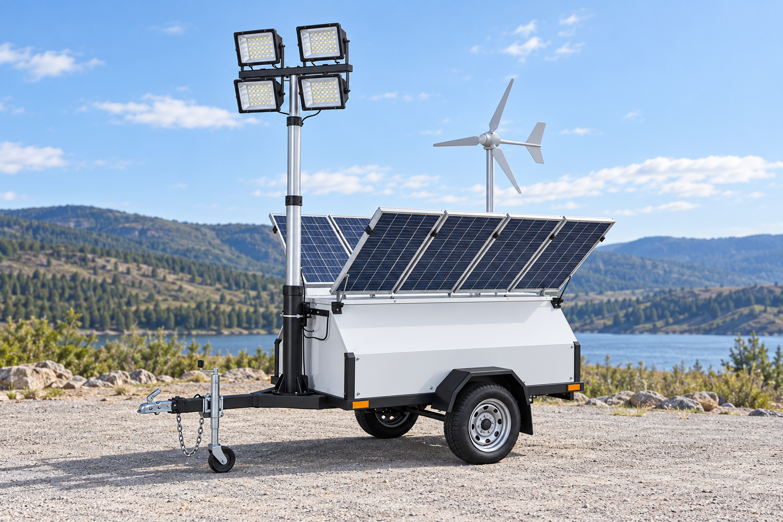 Reference-based white wheeled single-axle enclosure, sloped panels, four square lamps on the front mast, one three-bladed turbine on a rear mast, original support posts in a quiet remote equipment assessment pad in bright daylight.