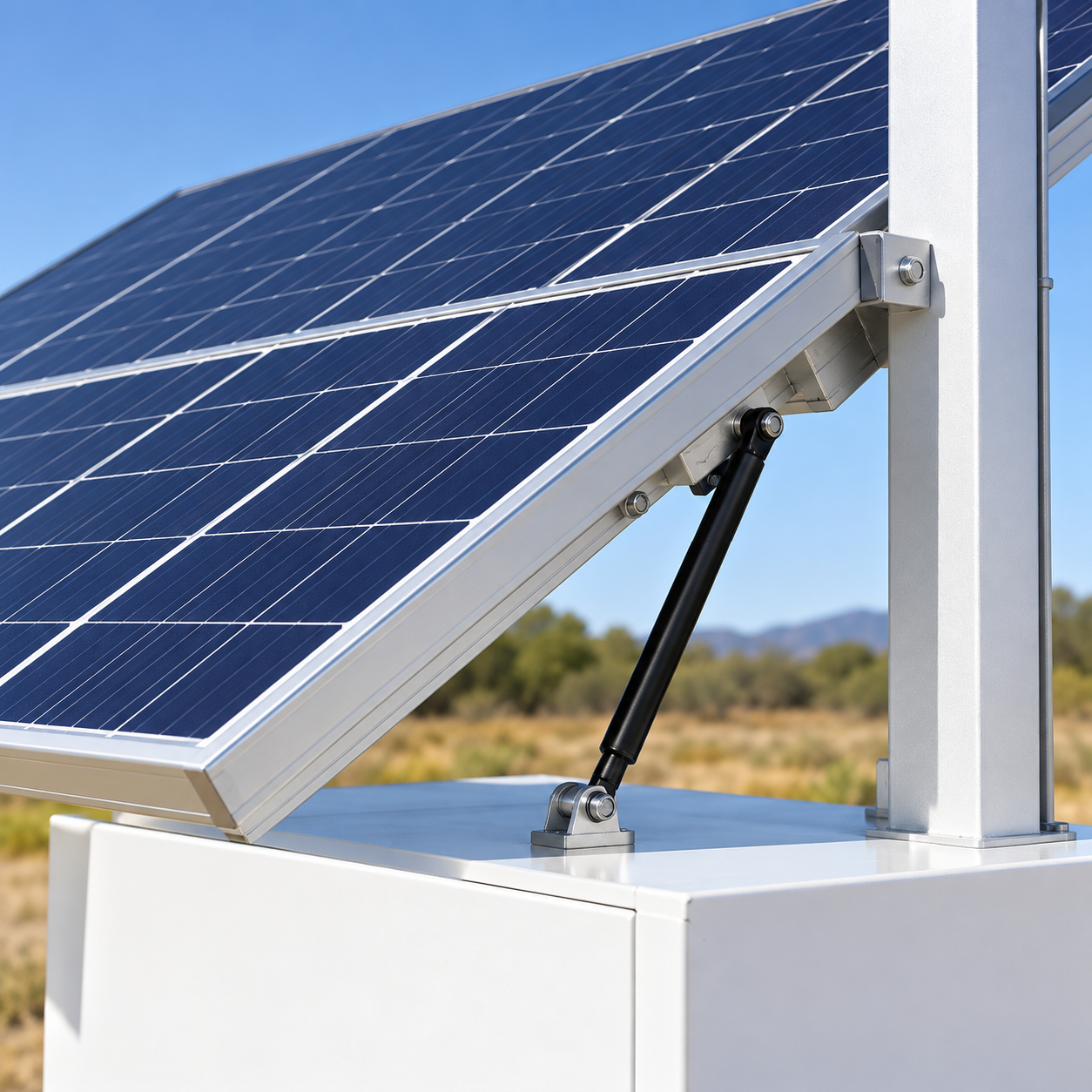 Close detail of the dark-blue solar panel frame and white upper cabinet edge on a mobile light tower trailer