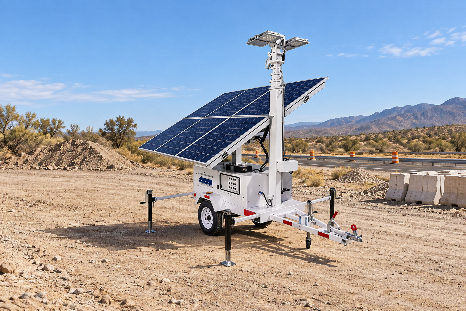 White solar lighting tower trailer with two dark-blue photovoltaic wings and deployed outriggers at a dry roadside staging site