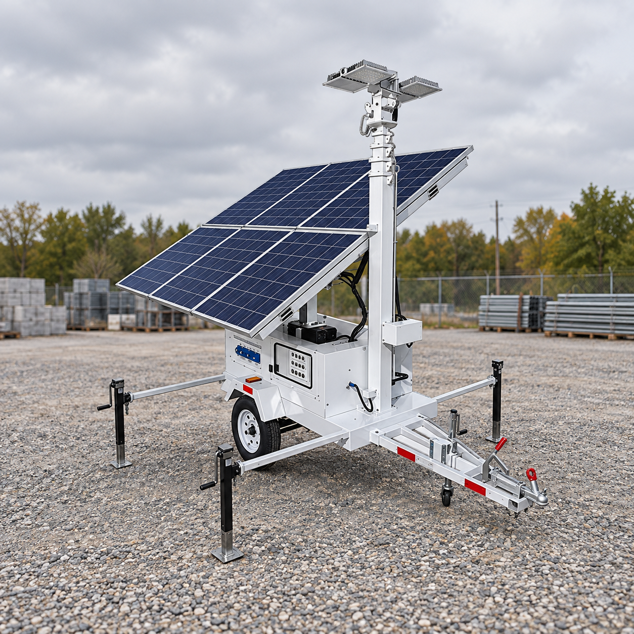 White trailer lighting tower with two dark-blue solar panel wings, twin LED bars and four extended outriggers under overcast sky
