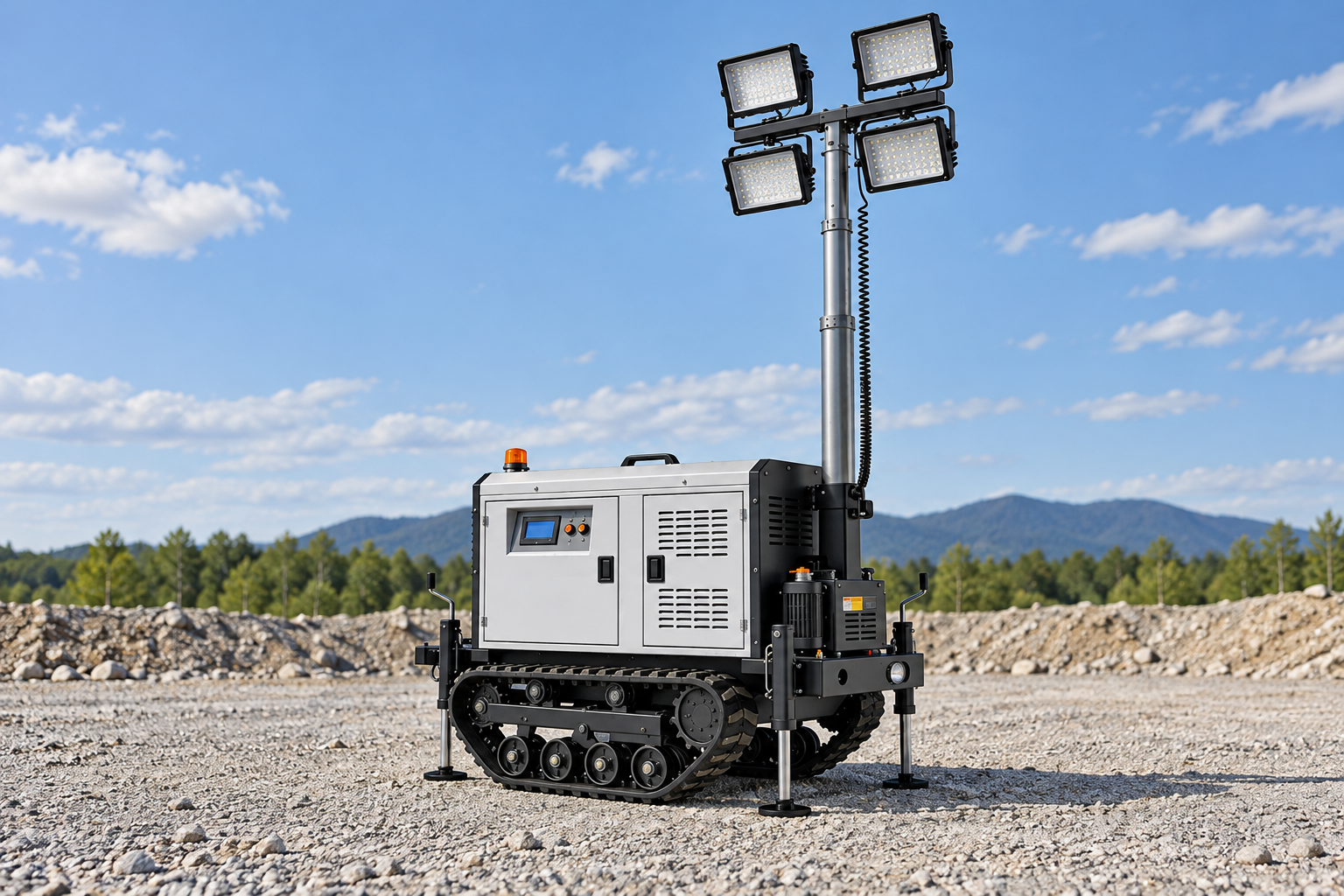 Open-air positioning of a tracked light tower; a photograph does not establish a safe exhaust separation distance.