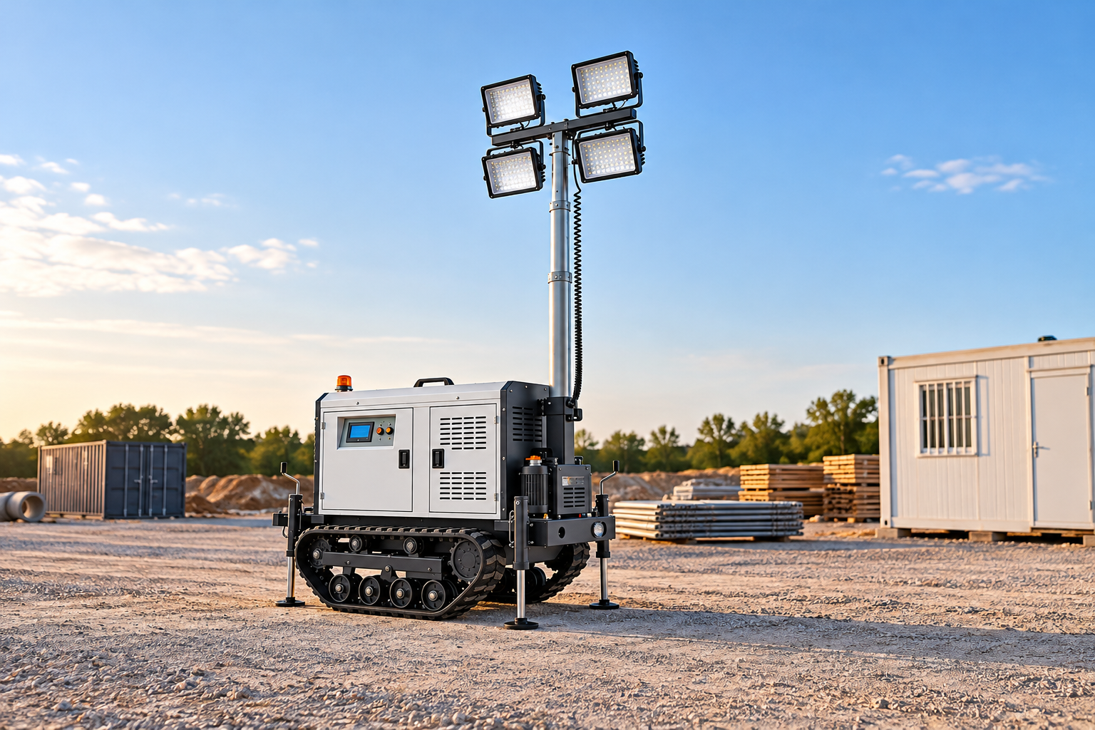 Silver tracked four-lamp light tower positioned outdoors with a site office in the background.