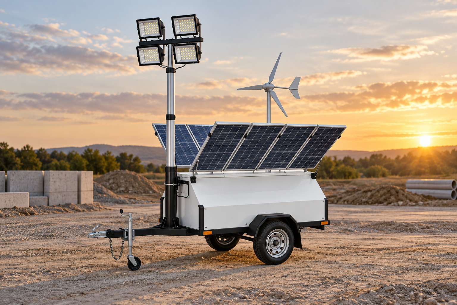 White hybrid mobile lighting tower trailer with four LED heads, solar panels and wind turbine at sunset