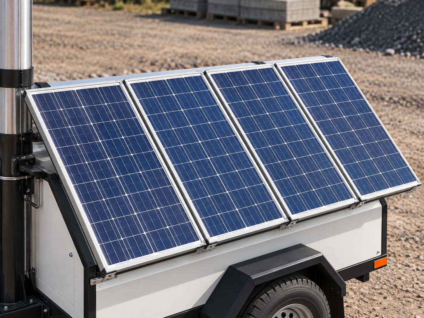Close detail of the angled blue photovoltaic panels over the white enclosure of a trailer-mounted hybrid lighting tower