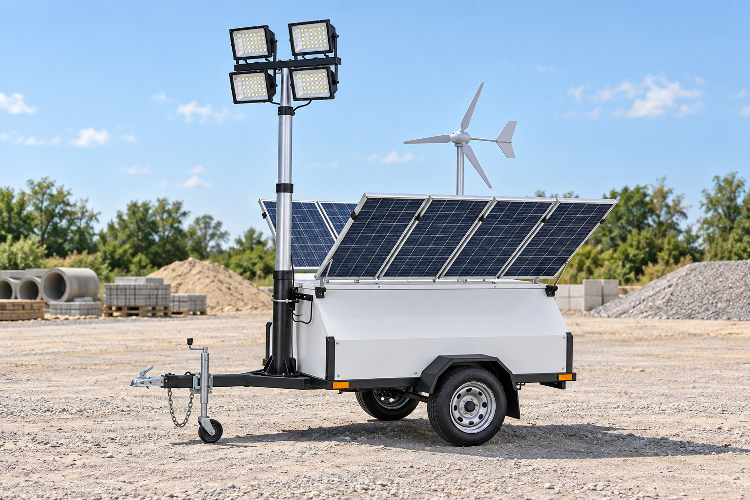 Side view of a white trailer-mounted wind-solar light tower showing its angled photovoltaic panels and enclosed battery body