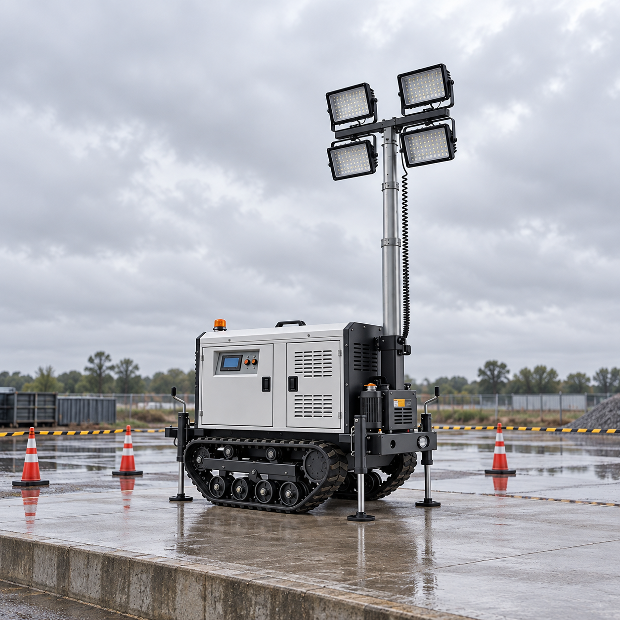 Silver tracked four-lamp light tower held behind cones on a rain-wet raised concrete inspection bay, with its lamps off.