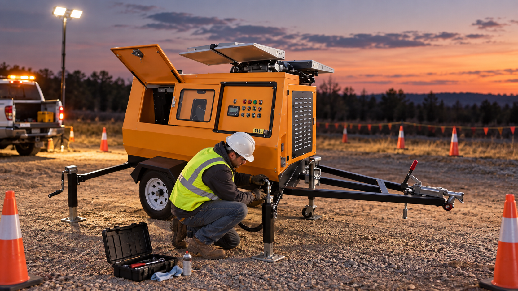 Safe setup and verification of light tower hydraulic cylinder leak