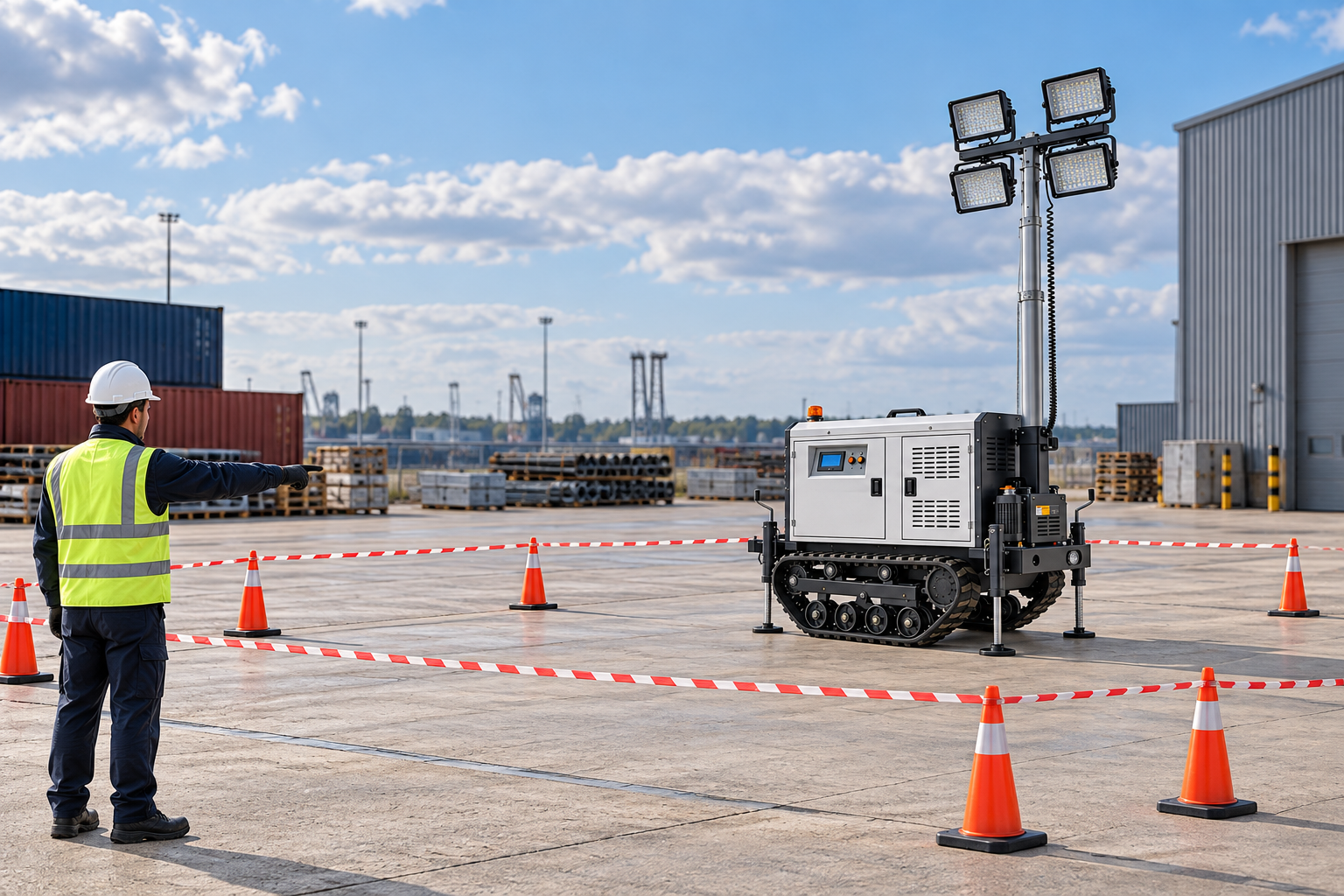 Grounded light tower beside a marked receiving area; the illustration shows planning space and does not demonstrate an active lift.