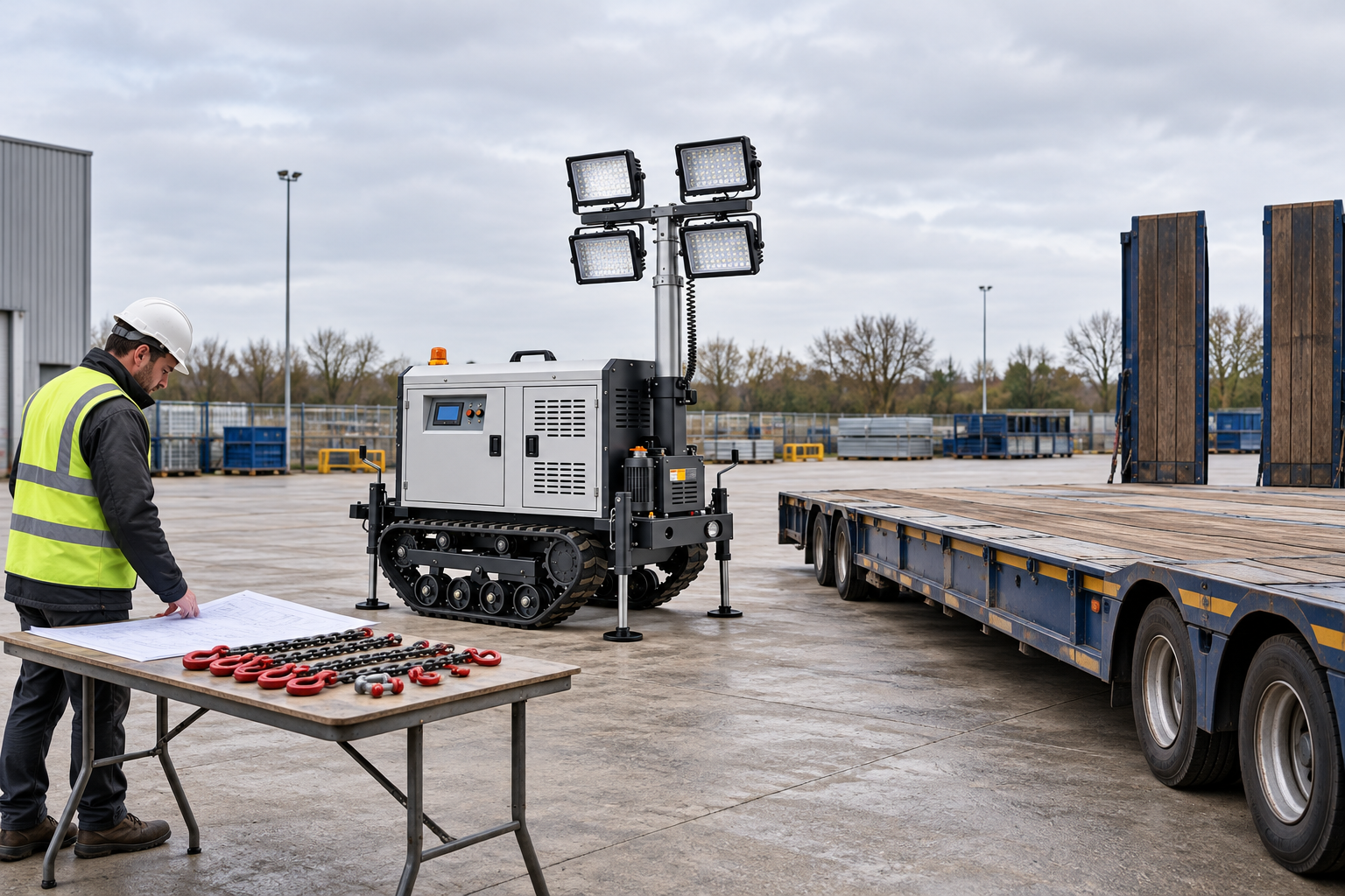 Dispatcher reviews a transport plan beside a silver tracked four-lamp light tower and an empty low-loader in an outdoor depot.