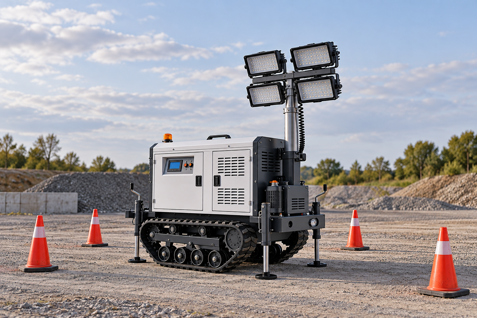 Silver tracked light tower with four unlit rectangular lamps inside an outdoor service area marked by cones.