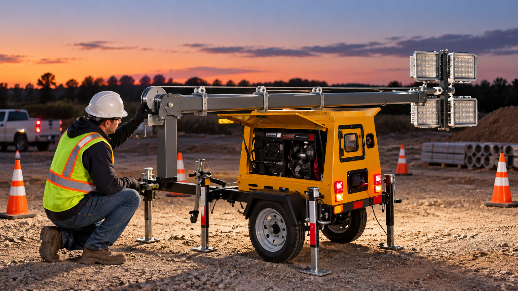 Safe setup and verification of light tower mast cable inspection