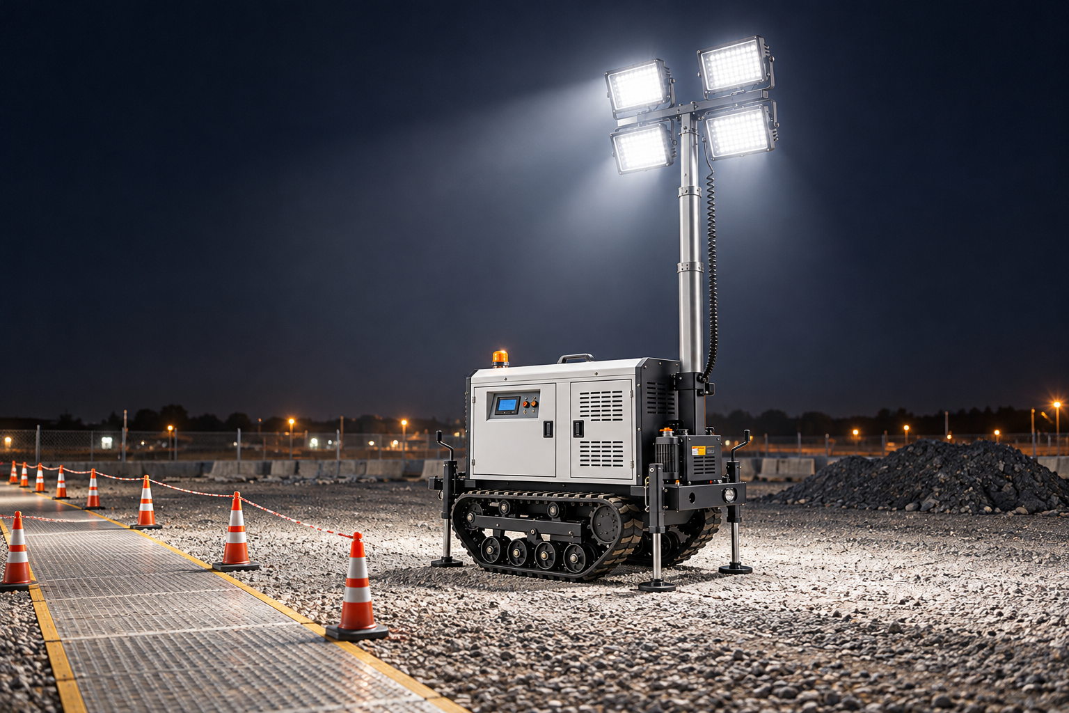 A separate pedestrian route is checked during night-shift handover; illuminated lamps alone do not prove adequate coverage.
