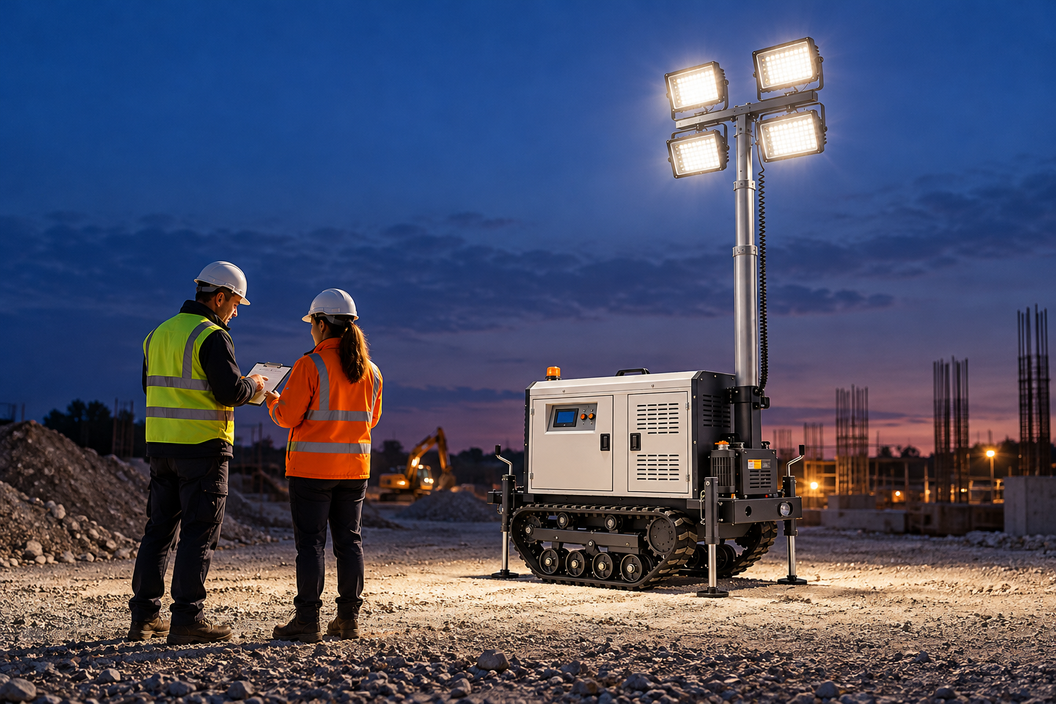 Two supervisors review a clipboard at a safe distance from an illuminated tracked light tower at dusk.