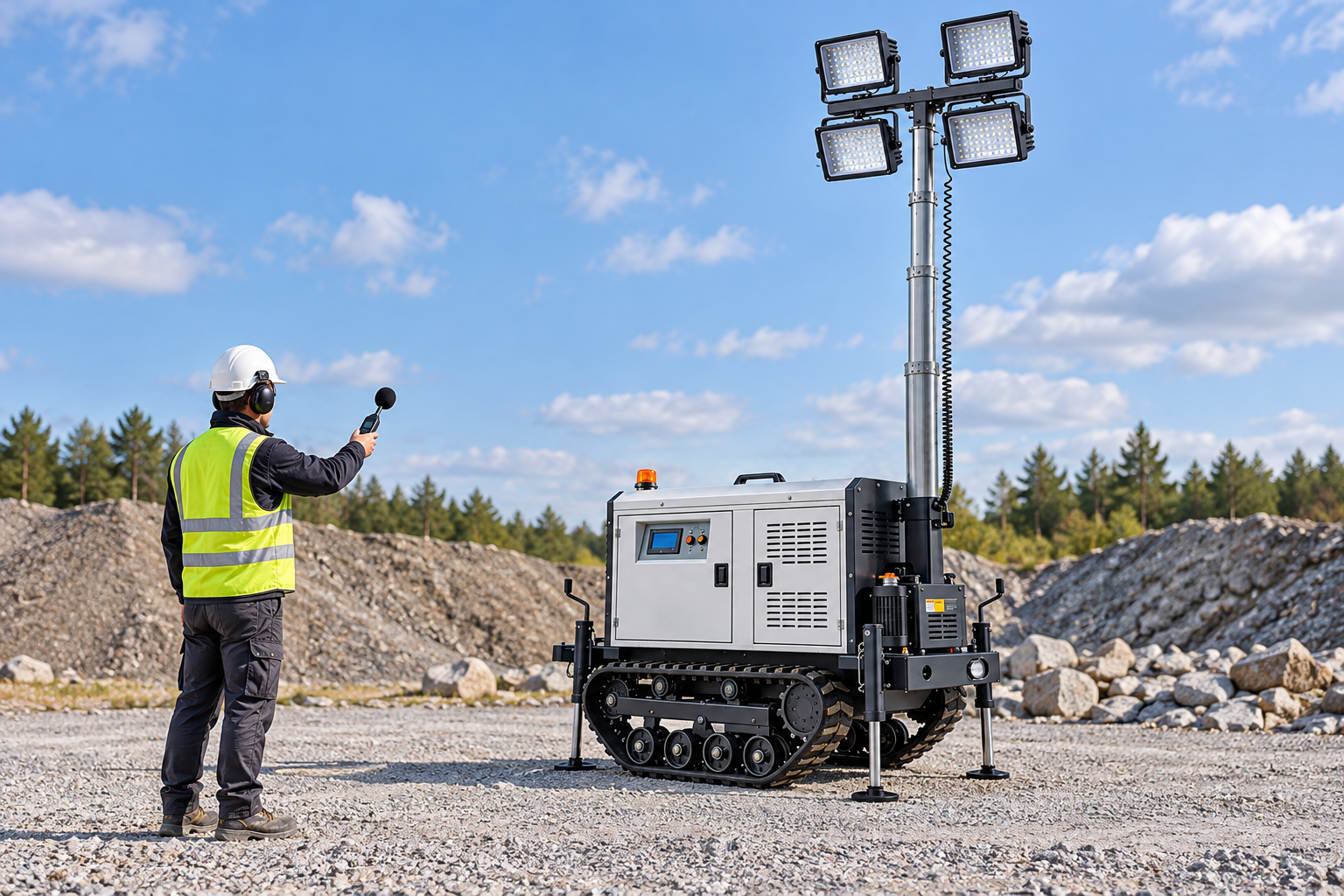 Hearing safety assessor wearing earmuffs holds a sound level meter near a silver tracked four-lamp light tower on an outdoor worksite.