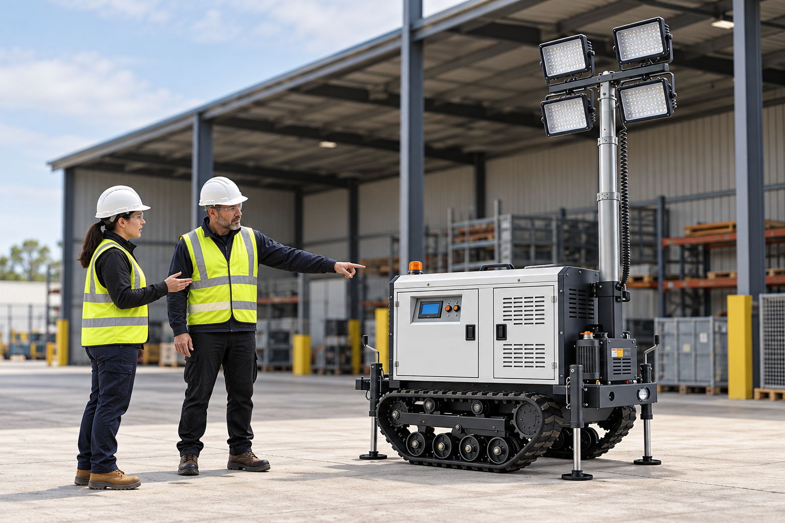 Instructor and learner discuss the closed cabinet of a stationary four-lamp tracked tower during familiarization; no machinery operation is shown.