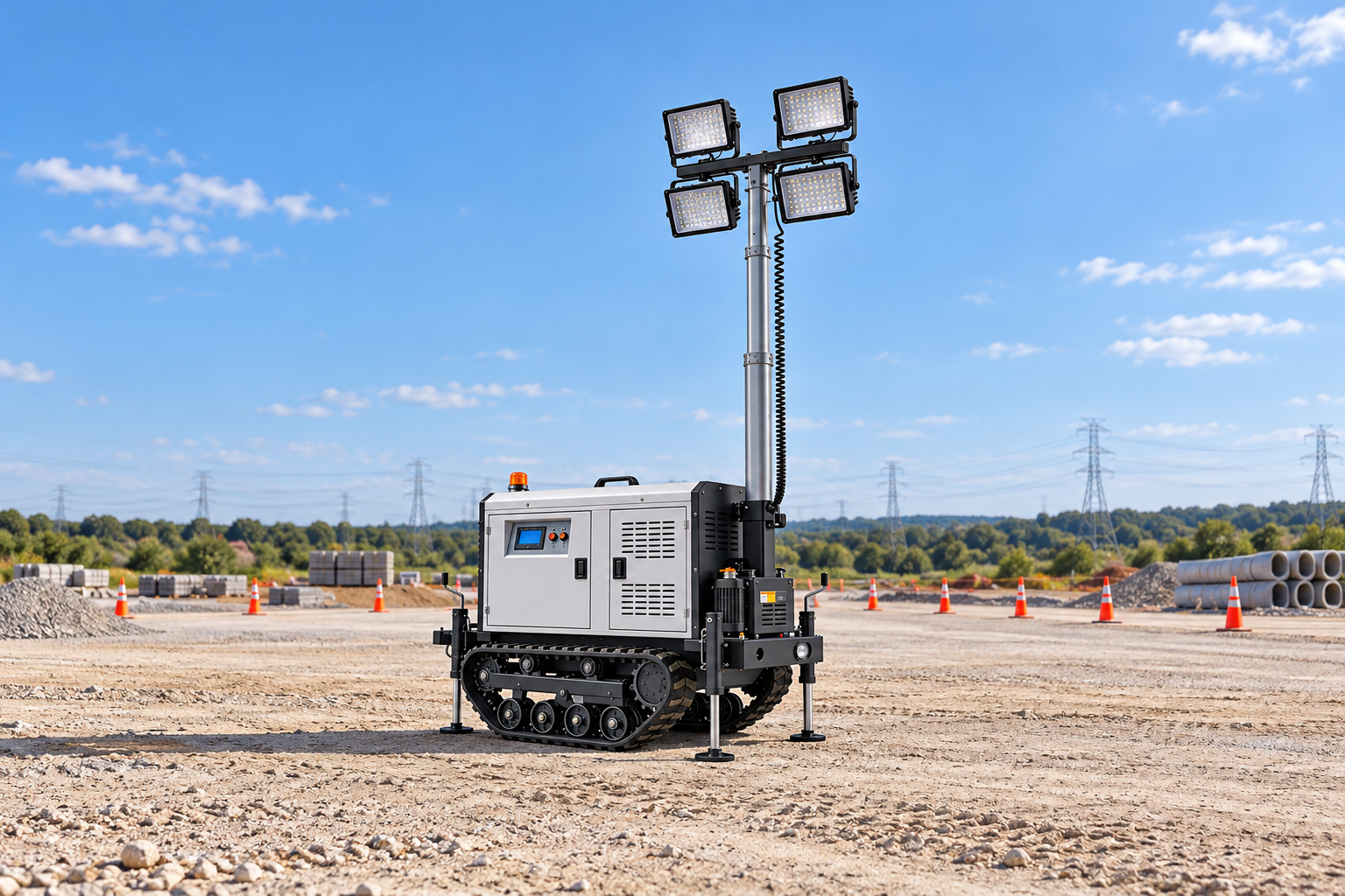 Silver tracked four-lamp light tower on gravel with a distant utility corridor behind the construction staging area.