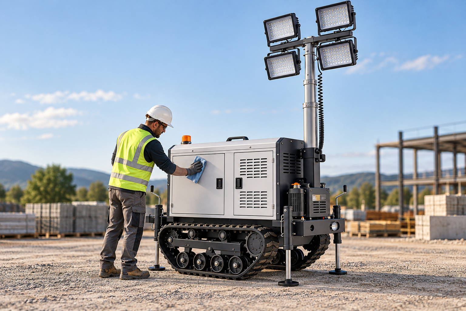 Worker wipes an exterior cabinet panel on a stationary tracked four-lamp tower; no pressure washing or water spray is shown.