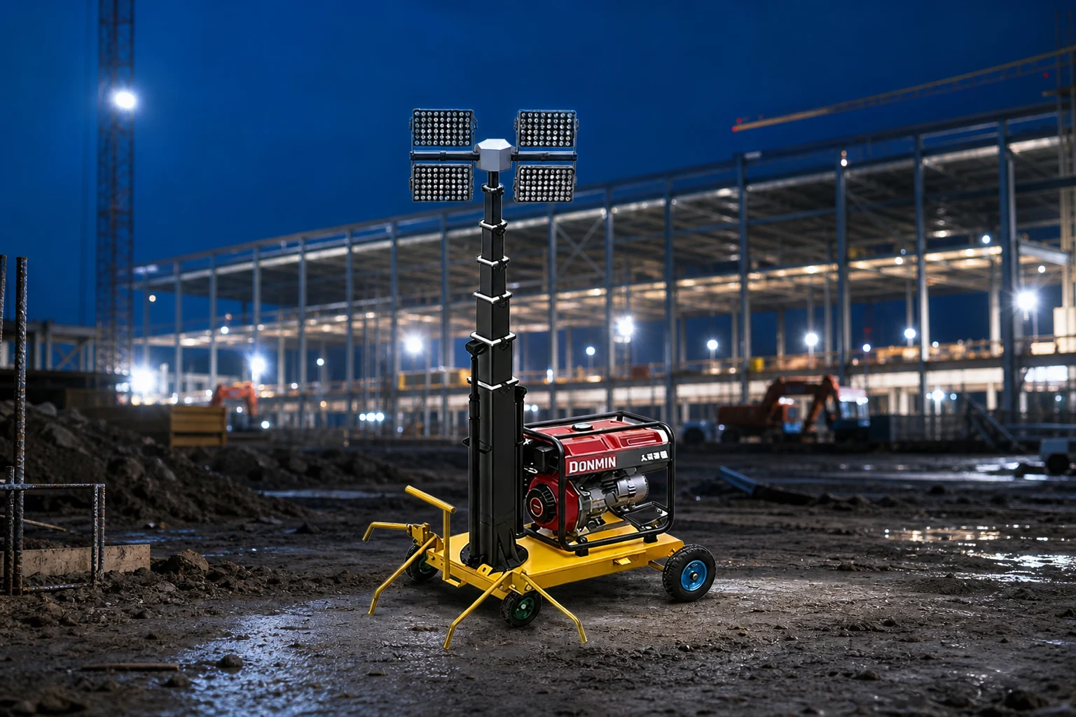mobile hydraulic lifting lighting tower — Keyyou official product with illustrative industrial background (not a real site photo)
