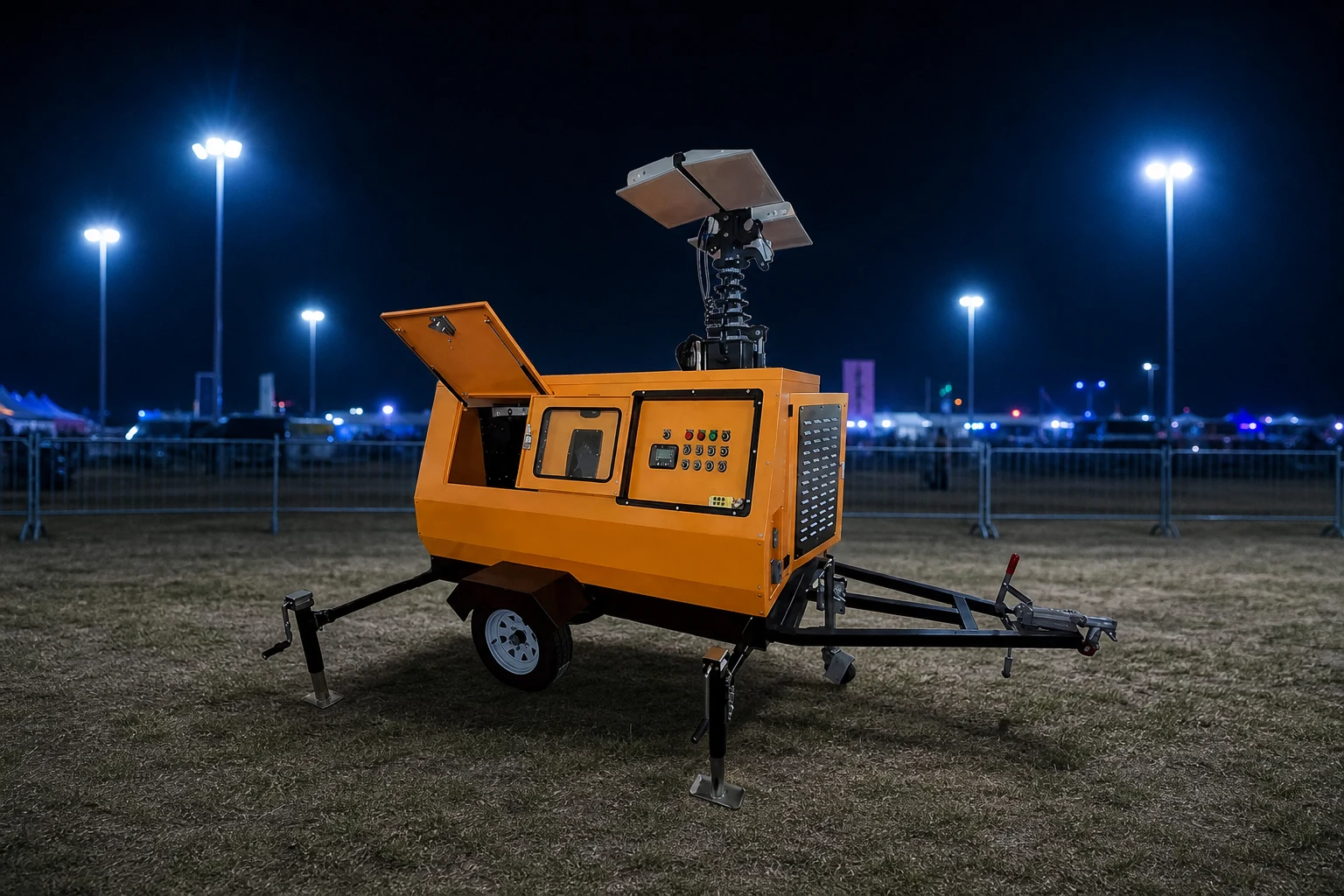 event light tower — Keyyou official product with illustrative industrial background (not a real site photo)