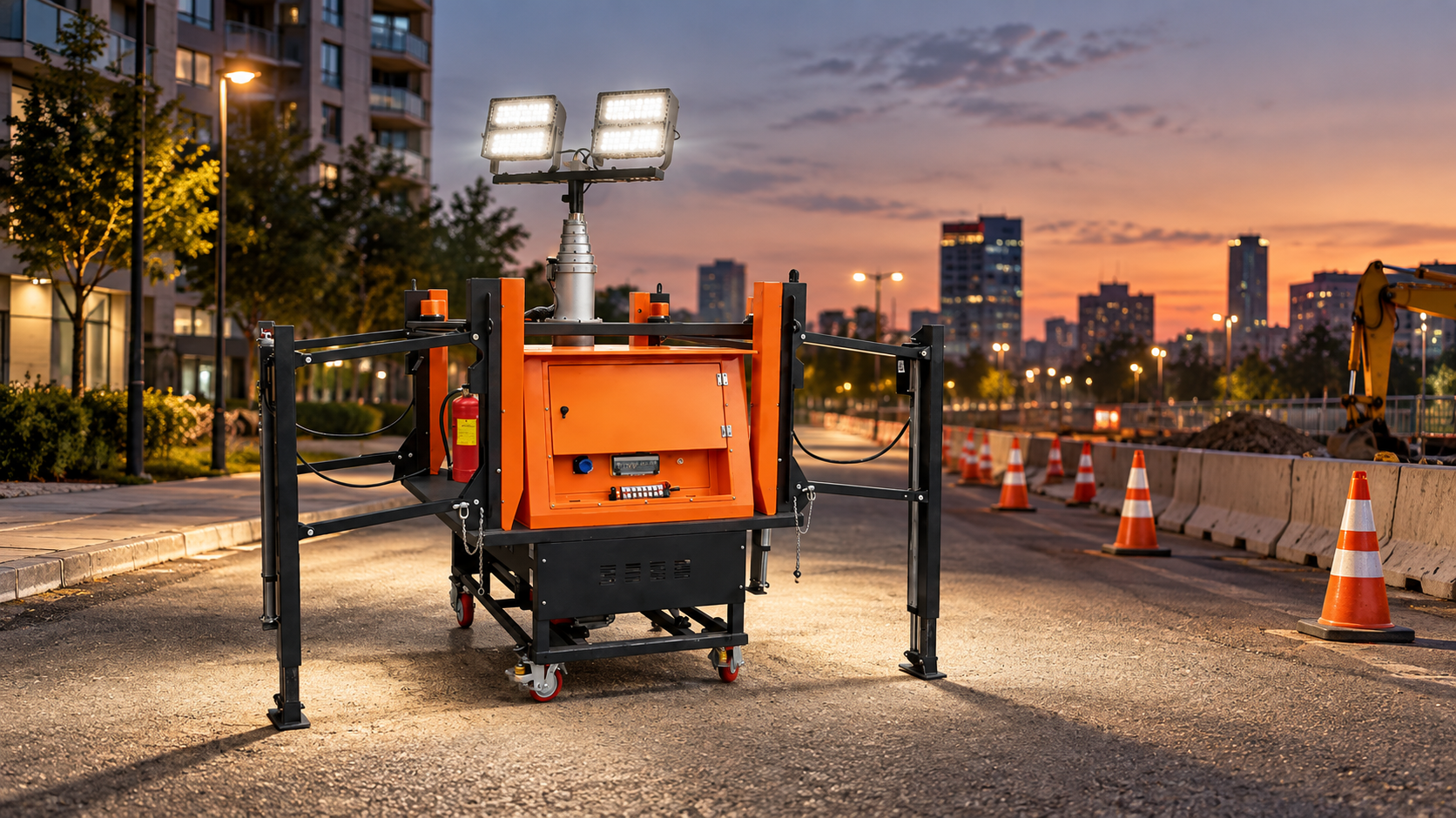 Orange self-loading mobile light tower with four rectangular lamp heads at dusk