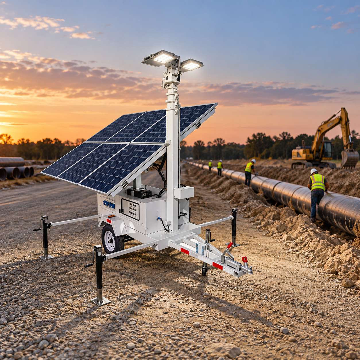 White four-panel solar trailer light tower beside a pipeline excavation at dusk.