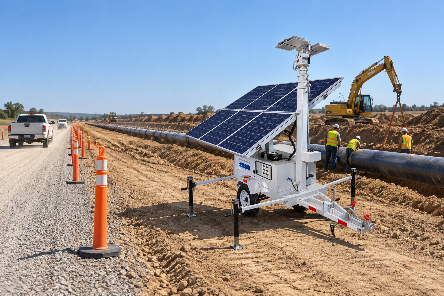 White solar trailer tower beside a pipeline workfront separated from the roadway by cones.