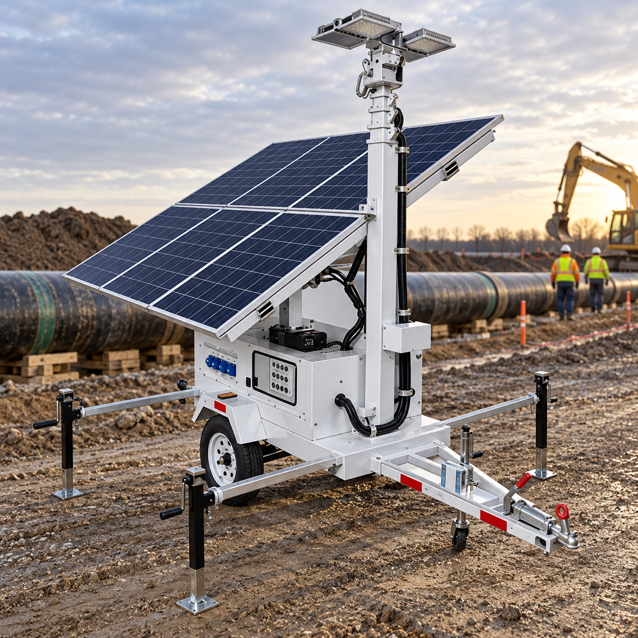 White solar trailer tower deployed beside pipeline sections with a tracked excavator in the background.