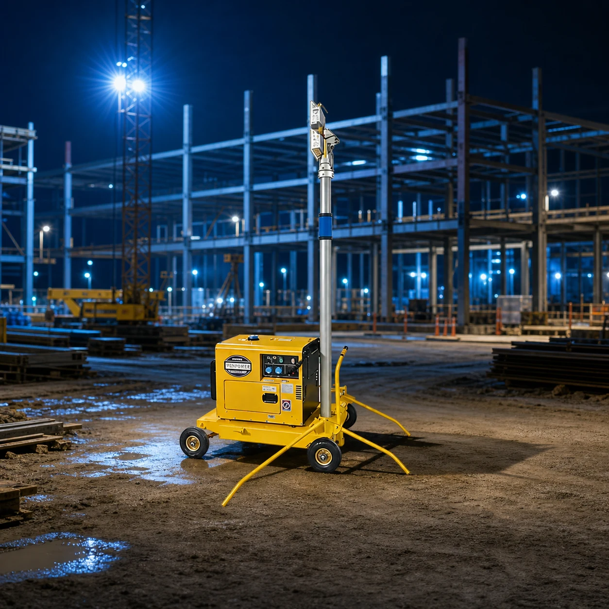 pneumatic lifting mobile lighting tower — Keyyou official product with illustrative industrial background (not a real site photo)
