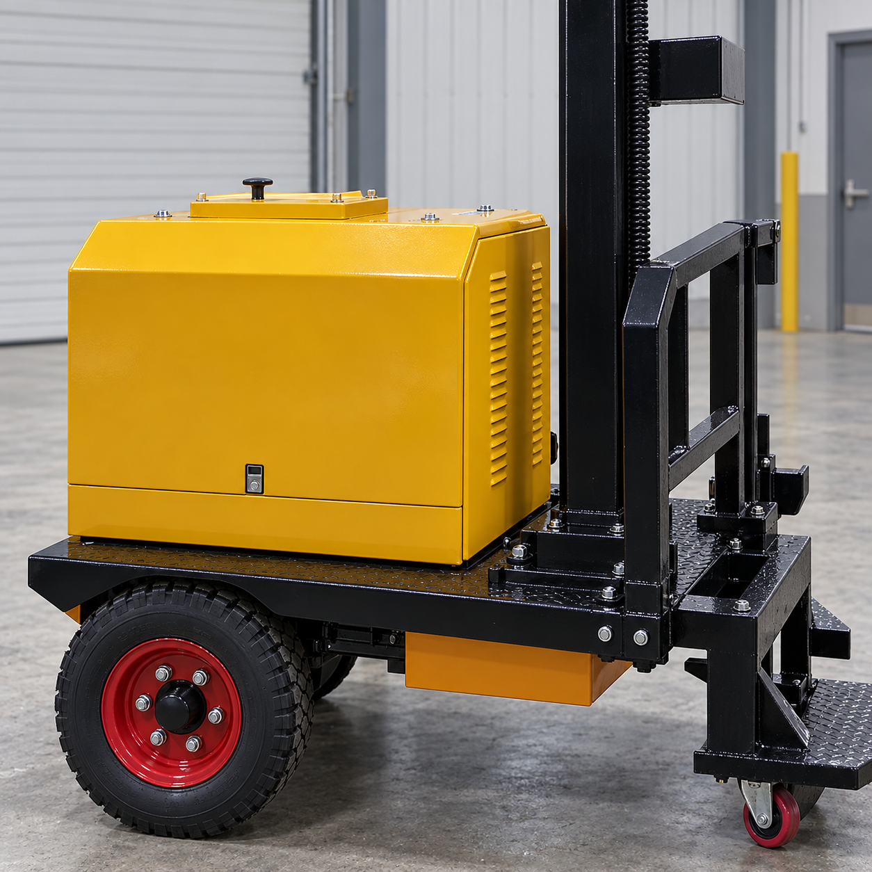 Close view of a closed mustard-yellow power cabinet, black lifting frame and red-rimmed wheel on a mobile light tower