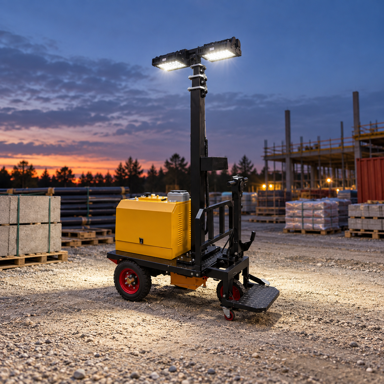 Compact yellow-cabinet mobile lighting tower with black mast and red-hub wheel illuminating an outdoor material staging area at dusk