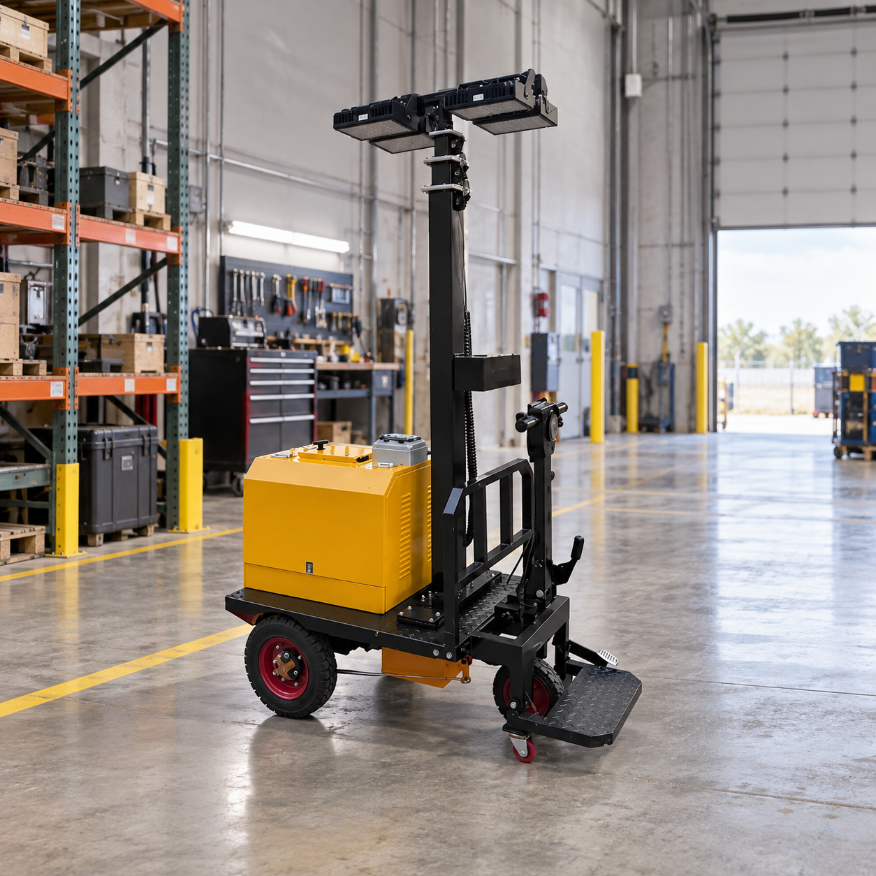 Compact mobile light tower with closed yellow power cabinet, black lifting mast, twin LED bar and red-hub wheels in an industrial depot