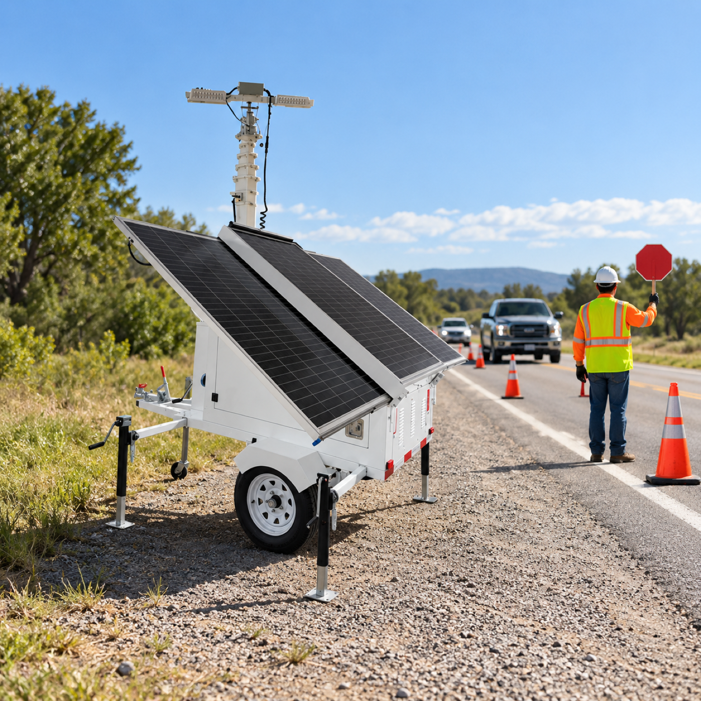 White two-panel solar trailer tower beside a daylight roadwork flagging position.